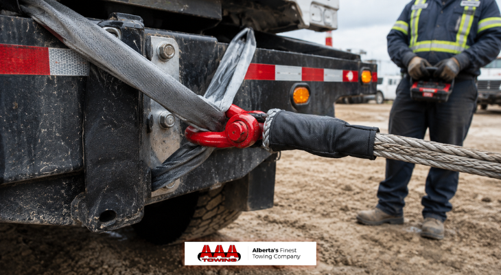 Synthetic Winch Line Attached to Commercial Truck Frame Rail